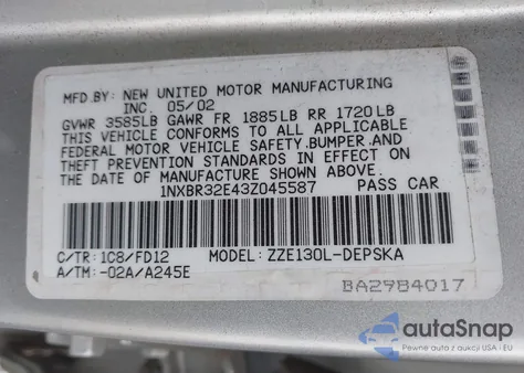 2003 Toyota Corolla S from USA, damaged, VIN 1NXBR32E43Z045587